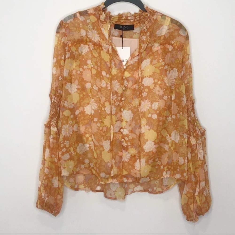 O.P.T  One Pretty Time Anthropologie Orange Floral Blouse Boho Sheer Size S- NWT